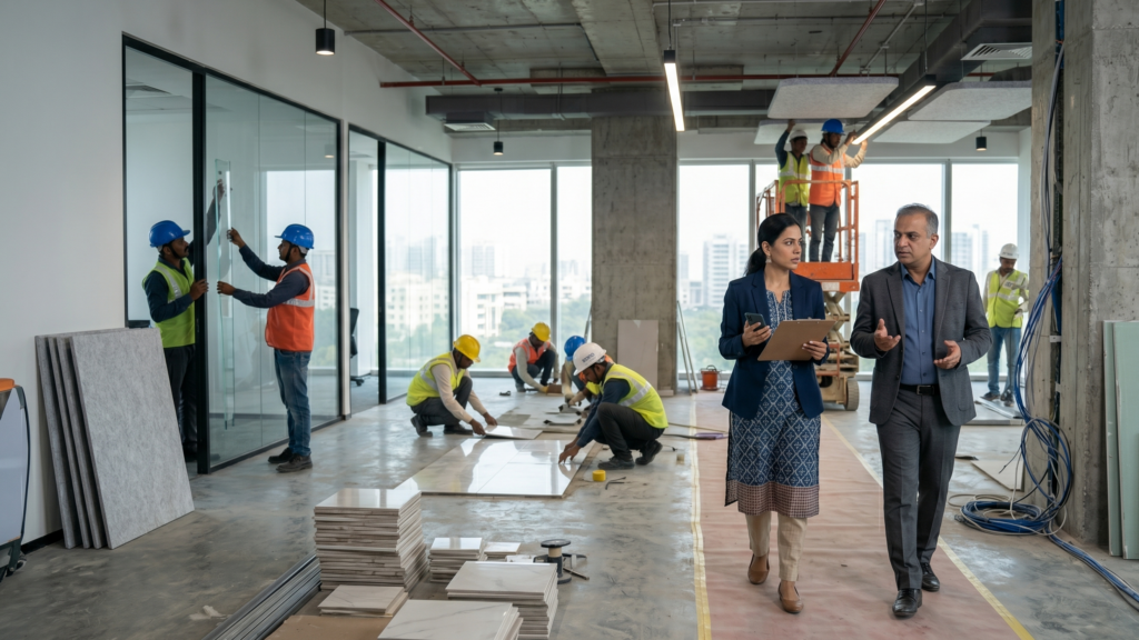Office fit-out project execution: CRE leader reviewing construction progress with contractors during workspace build-out